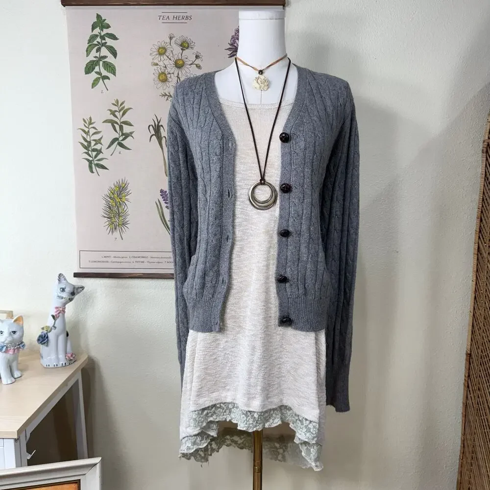 Cable Knit Cardigan Sweater Gloomy Coquette Heritage Preppy Cottage Academia L